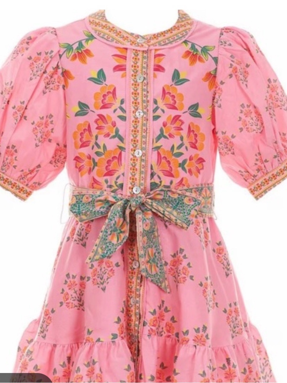 A Loves A Girls' Pink Floral Tiered Dress with Belt cotton